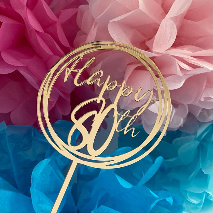 "Happy 80th" bright gold acrylic cake topper available in many colours, mirrored finish and glitters, Cookie Cutter Store