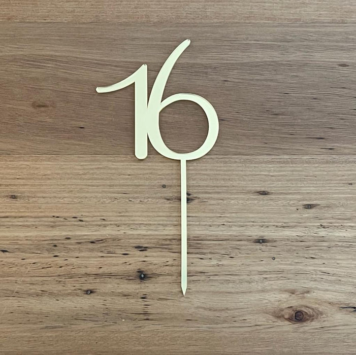 number 16, sixteen, bright gold acrylic cake topper available in many colours, mirrored finish and glitters, Cookie Cutter Store