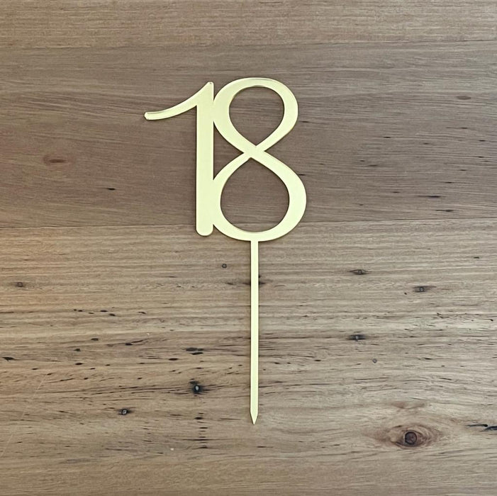 number 18, eighteen in bright gold, acrylic cake topper available in many colours, mirrored finish and glitters, Cookie Cutter Store