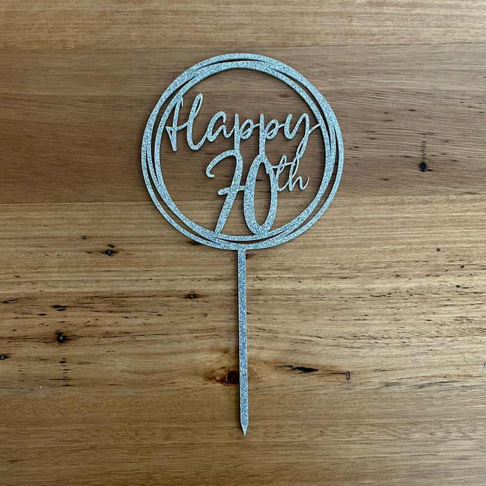 "Happy 70th" in Glitter Silver acrylic cake topper available in many colours, mirrored finish and glitters, Cookie Cutter Store