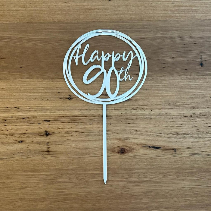 "Happy 90th" Mirror Silver acrylic cake topper available in many colours, mirrored finish and glitters, Cookie Cutter Store