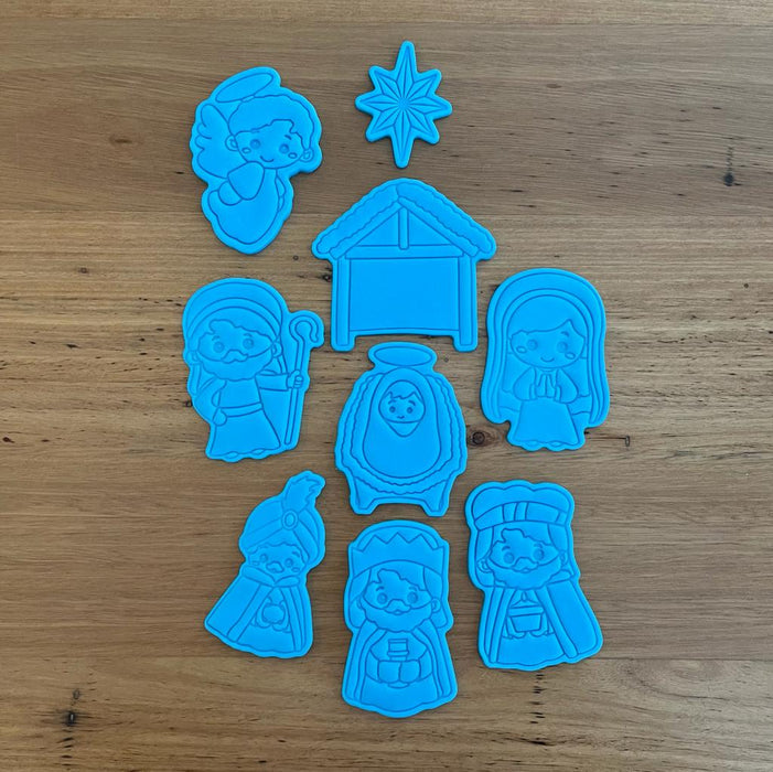 Nativity 9 piece Cookie Cutter & Stamp set including Mary, Joseph, Baby Jesus, 2 wisemen, barn and star, cookie cutter store