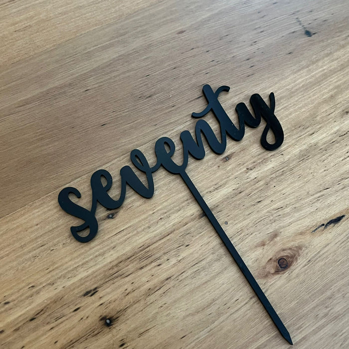 Seventy, 70, acrylic cake topper in Black, Cookie Cutter Store