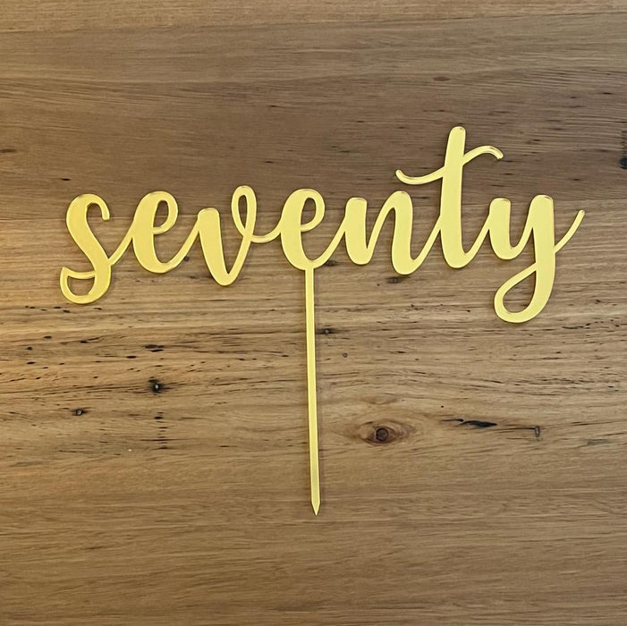 Seventy, 70, acrylic cake topper in Bright Gold, Cookie Cutter Store