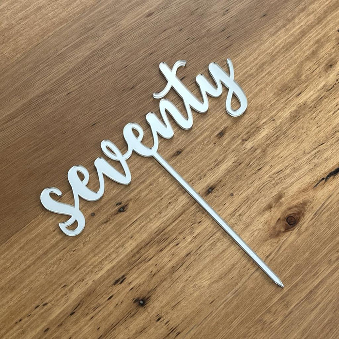 Seventy, 70, acrylic cake topper in Silver, Cookie Cutter Store