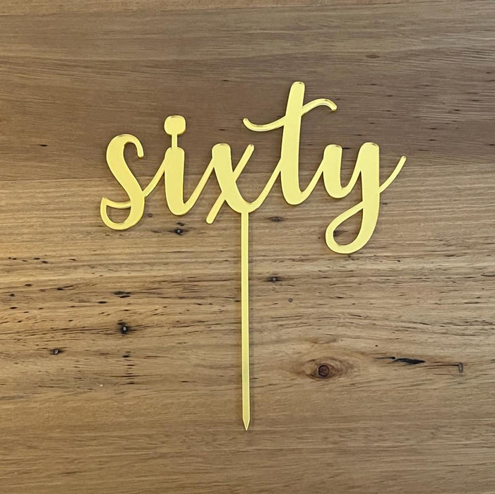 Sixty, 60, acrylic cake topper in Bright Gold, Cookie Cutter Store