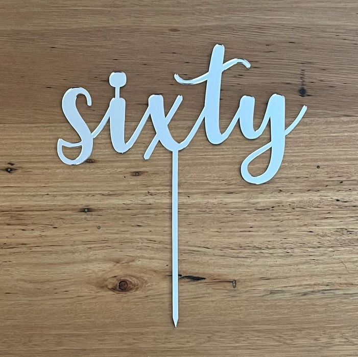 Sixty, 60, acrylic cake topper in Silver, Cookie Cutter Store