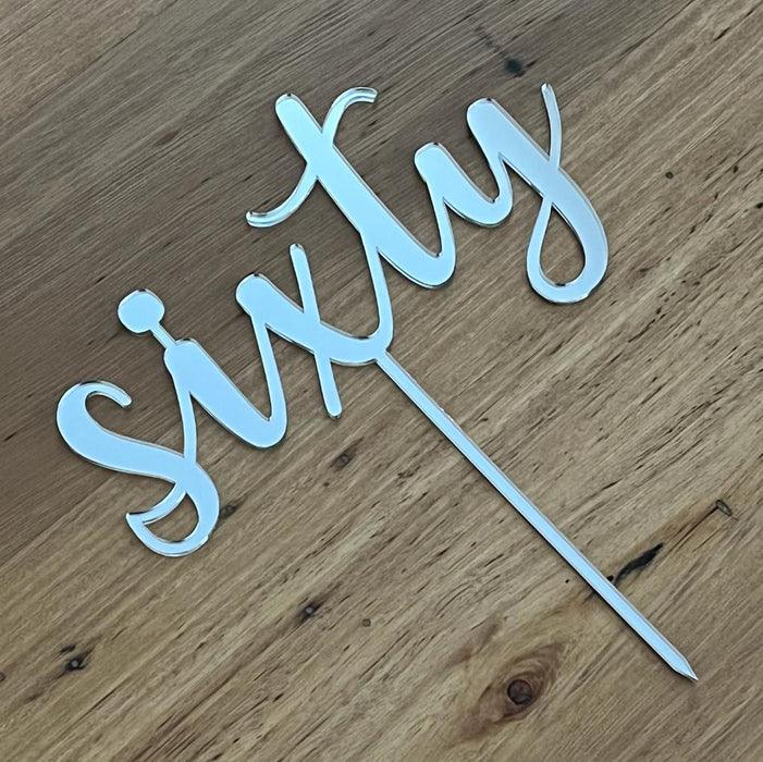 Sixty, 60, acrylic cake topper in Silver, Cookie Cutter Store