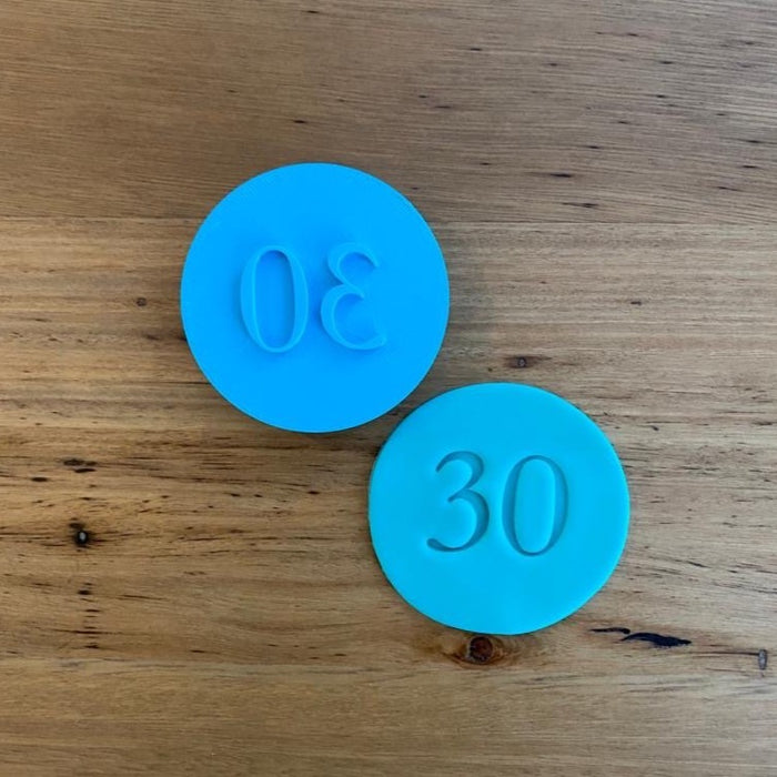30 Thirty Emboss Stamp measures 70mm - this stamp can be resized for no extra cost to suit any Cookie between 35-80mm. Perfect to celebrate that special 30th Birthday