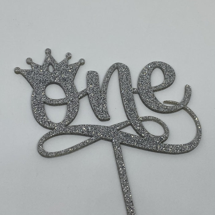 "One" acrylic cake topper in glitter silver available in many colours, mirrored finish and glitters, Cookie Cutter Store