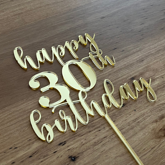 "Happy 30th Birthday" in mirror gold acrylic cake topper available in many colours, mirrored finish and glitters, Cookie Cutter Store