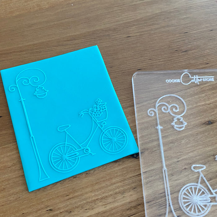 "Lamp Post & Bicycle" Parisian style scene deboss Raised Effect Stamp, Cookie Cutter Store