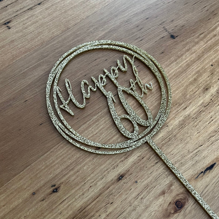 "Happy 60th" in Glitter Light Gold acrylic cake topper available in many colours, mirrored finish and glitters, Cookie Cutter Store