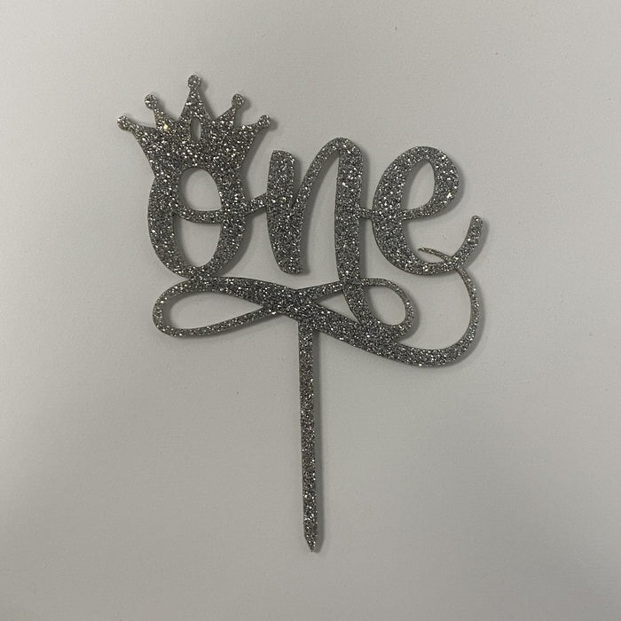 "One" acrylic cake topper, cookie cutter store"One" acrylic cake topper in glitter silver available in many colours, mirrored finish and glitters, Cookie Cutter Store